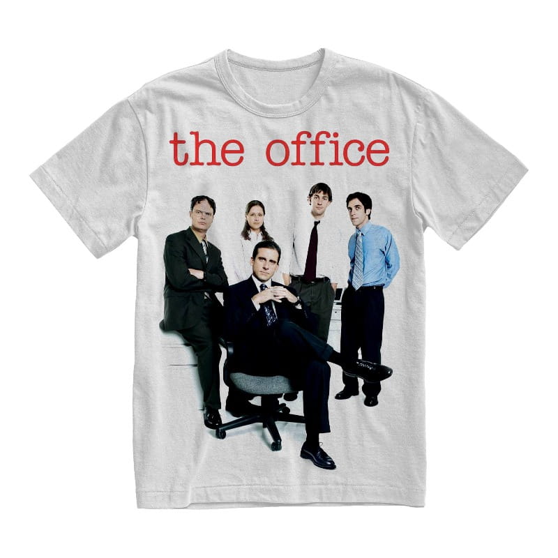 White cotton unisex t-shirt featuring a full-color print of the main cast from The Office with red text above them.