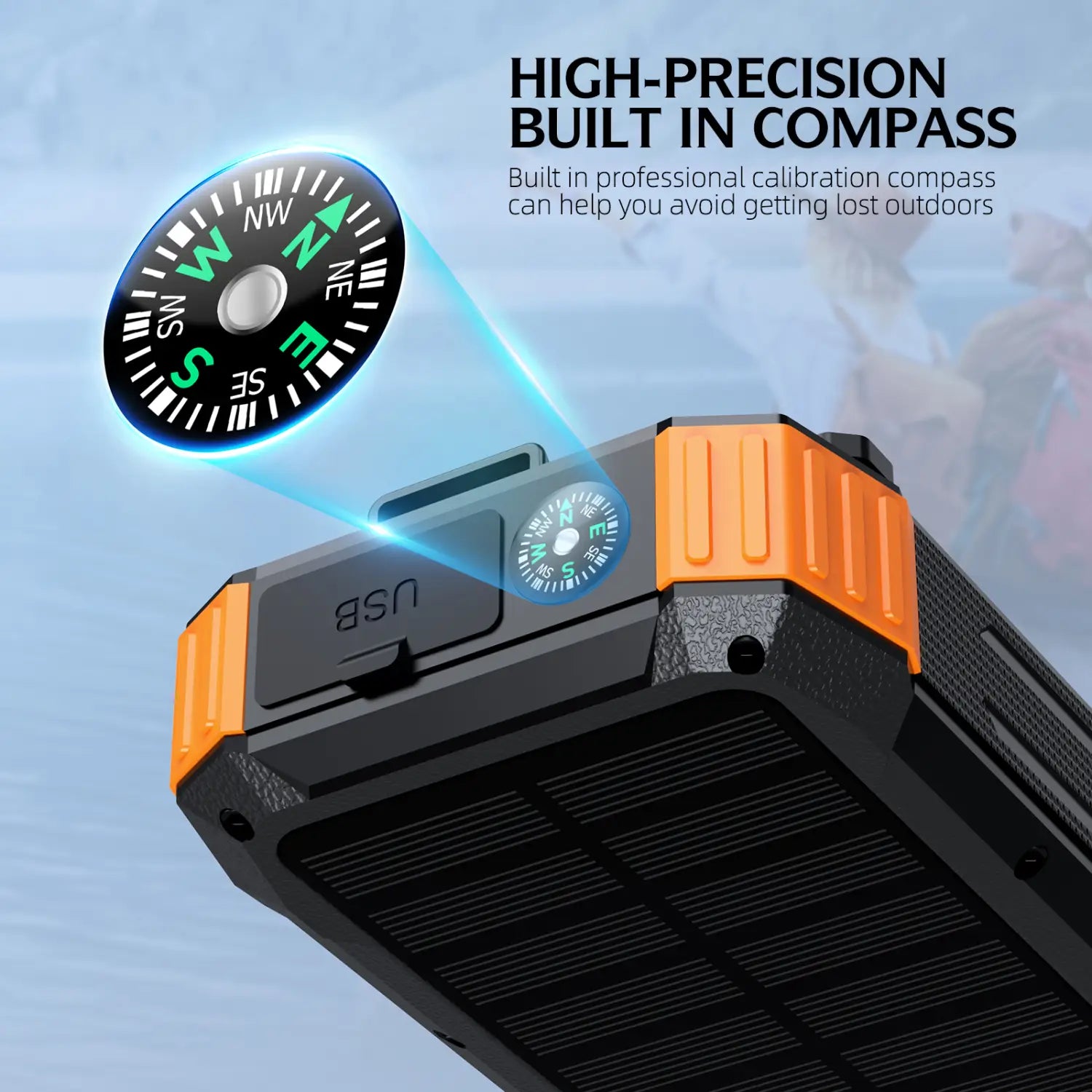 Robuste Solar-Powerbank in Schwarz und Orange, 100000 mAh, Handkurbel-Ladegerät mit integriertem Kompass mit hoher Präzision, für den Outdoor-Einsatz.