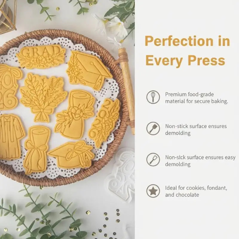 yellow graduation-themed cookie cutters made of plastic arranged in a woven basket from the 2026 graduation cookie cutter set