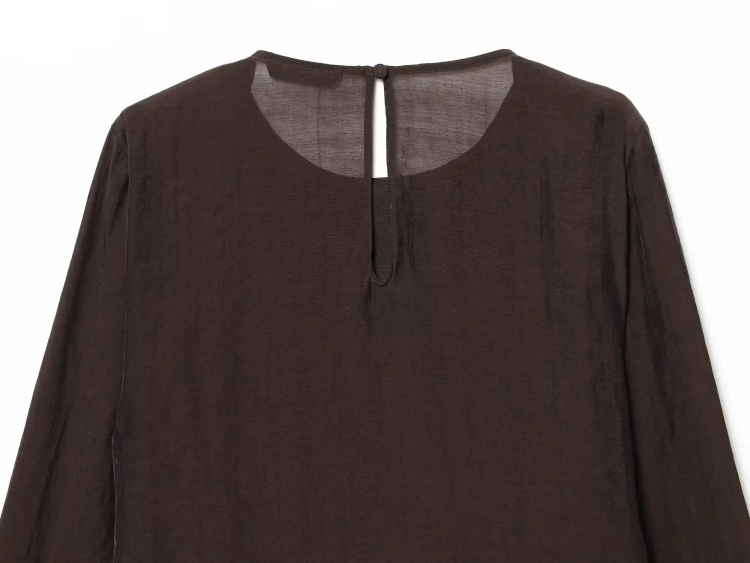 a dark brown chiffon blouse with long flare sleeve style and a subtle textured fabric shown from the back featuring a keyhole detail