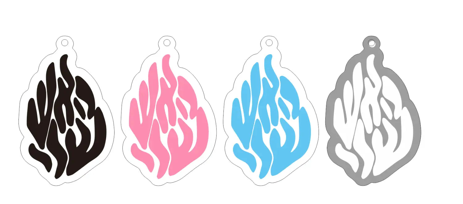 Four flame-shaped acrylic keychains in black pink blue and gray with white outlines featured as a Jewish blessing card party favor set of 10 pieces.