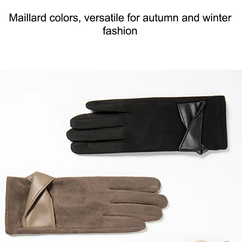 Guantes de invierno para mujer con pantalla táctil en negro y ante topo, con lazo de terciopelo y acentos de cuero contrastantes en la muñeca, mostrando el lado posterior de los guantes