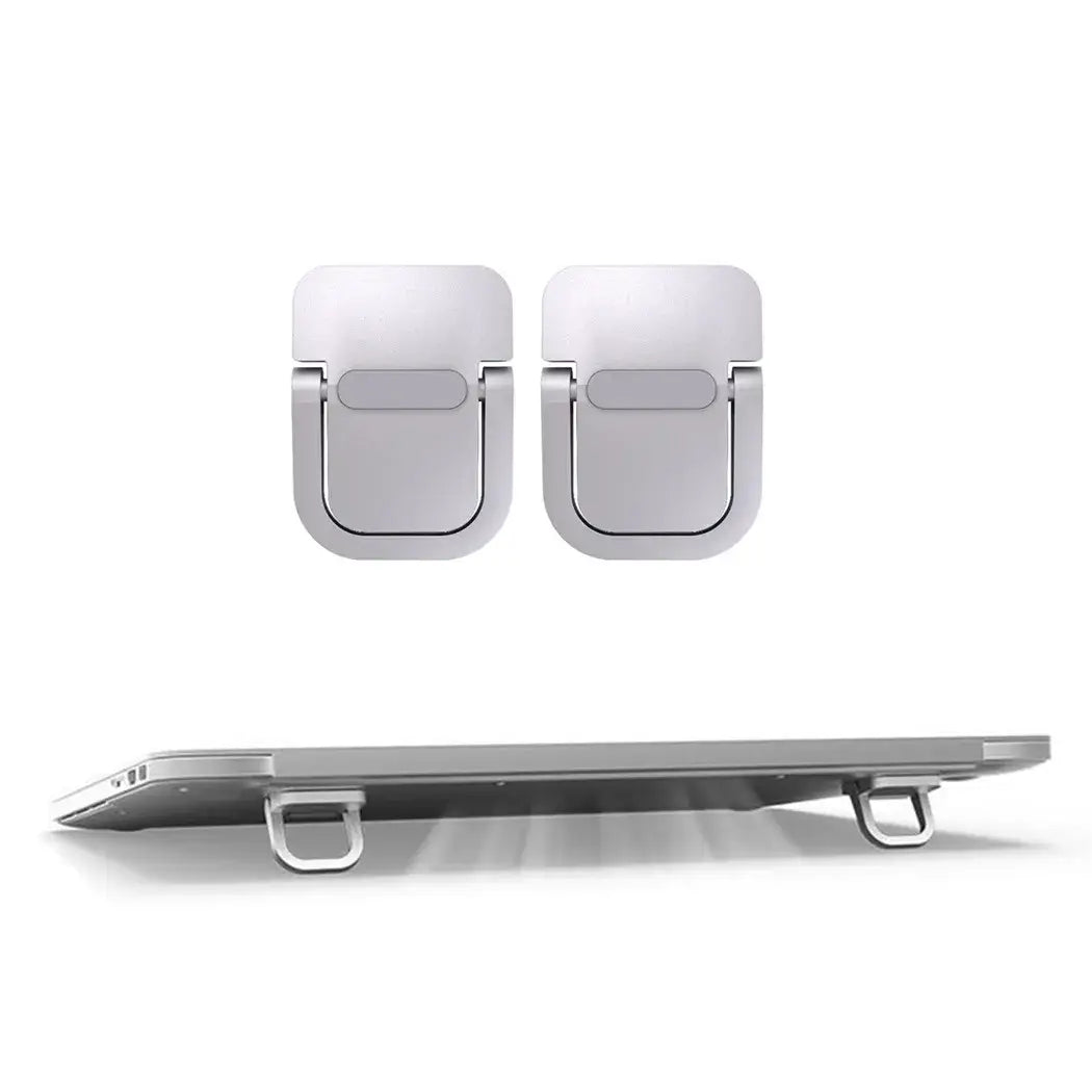silver metallic portable foldable laptop stand adjustable riser with two matching ring-style finger grips above the base