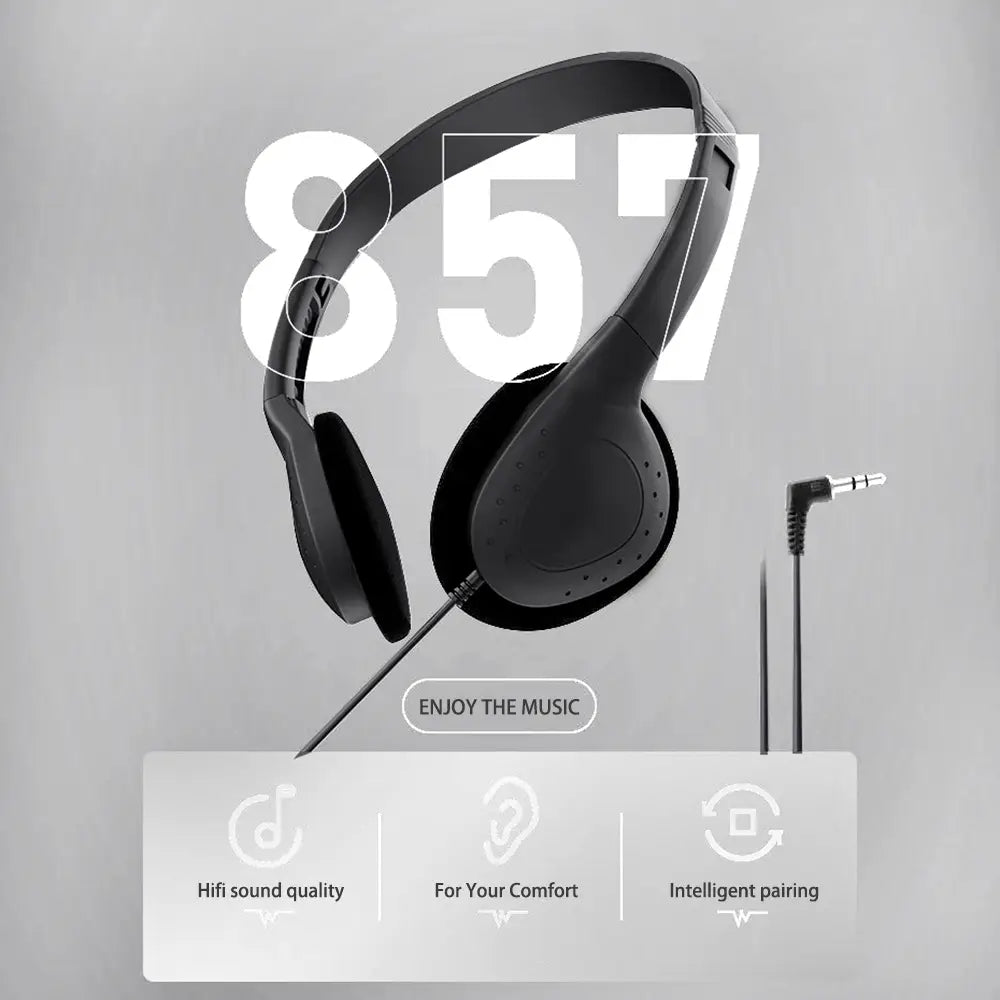 Casque de jeu filaire noir avec réduction du bruit, conception supra-auriculaire rembourrée, et câble audio à fiche de type 3,5 mm attaché