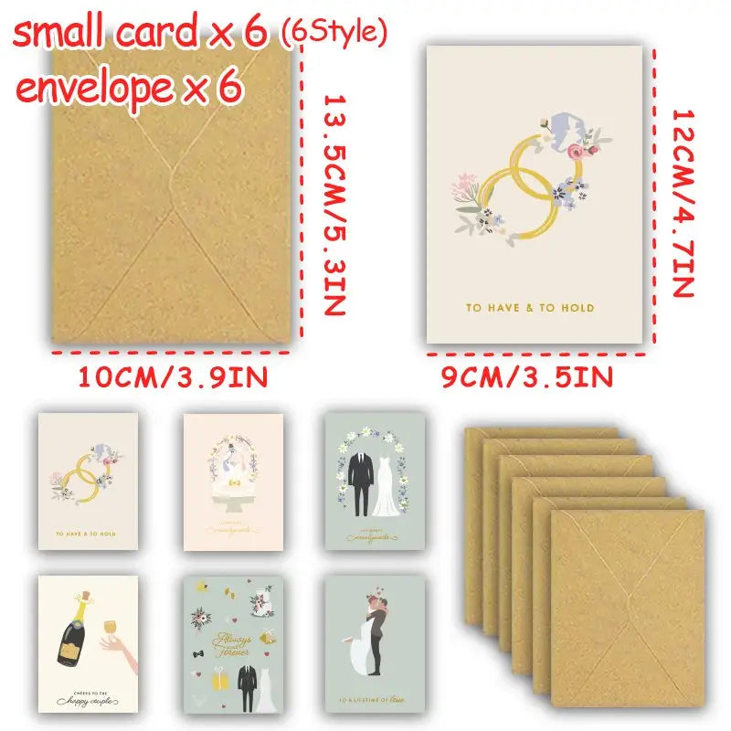 Ensemble de six petites cartes de vœux pour mariage, avec des motifs floraux et de couples, chacune accompagnée d’une enveloppe dorée texturée assortie, le tout dans un ensemble de cartes de vœux pour mariage avec des enveloppes en kraft.