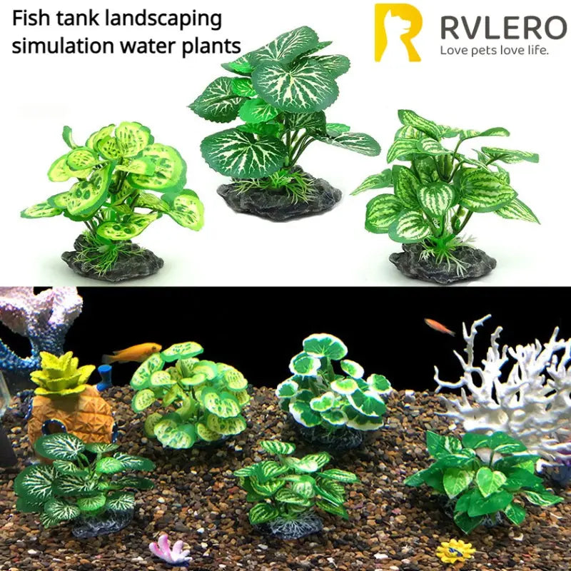 Artificial water plants for fish tank landscape featuring green and white patterned plastic leaves with realistic designs mounted on black rocky bases for fish tank decoration.