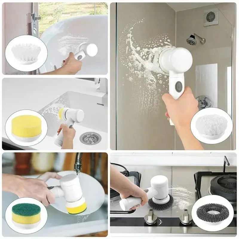 White electric spin scrubber cleaning brush with interchangeable colorful textured heads for versatile surface cleaning.