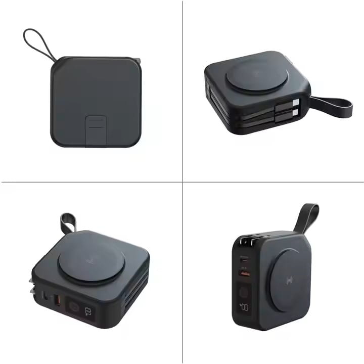 Black compact portable magnetic wireless power bank featuring a 15w max wireless charging pad and multiple USB ports for versatile device charging.