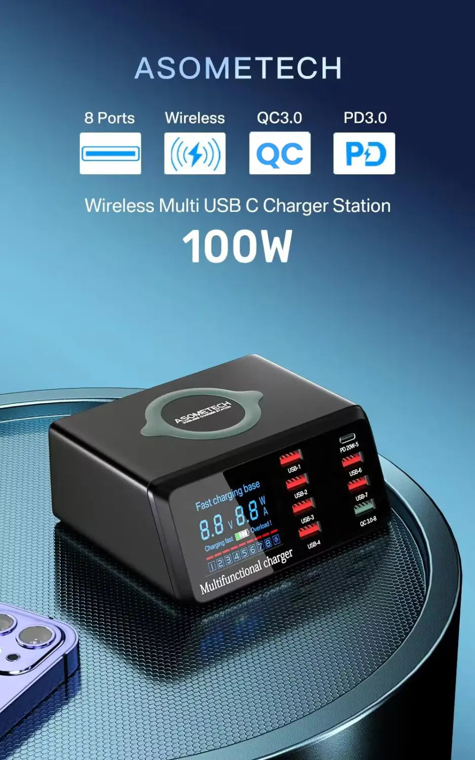 Station de charge USB asometech 100 W noire avec huit ports USB-C et un écran d’affichage numérique indiquant les niveaux de charge rapide.