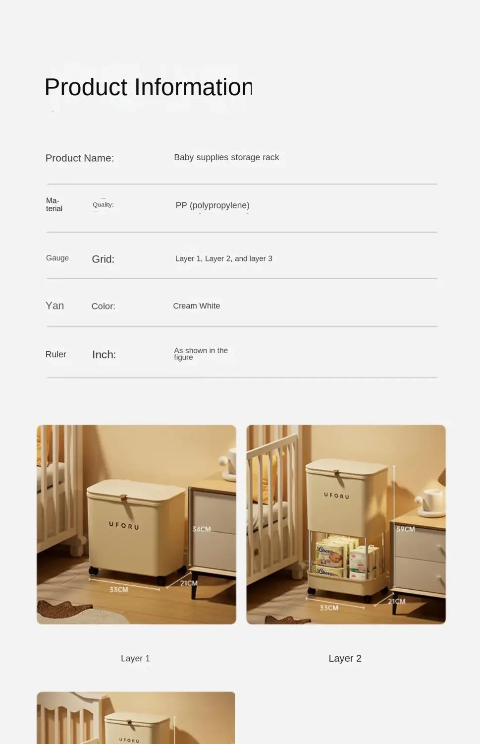 Cremeweißer Baby-Aufbewahrungsorganisationswagen mit Abfall, gefertigt aus Polypropylen, mit dreilagigem Design zur Aufbewahrung von Babyausstattung.