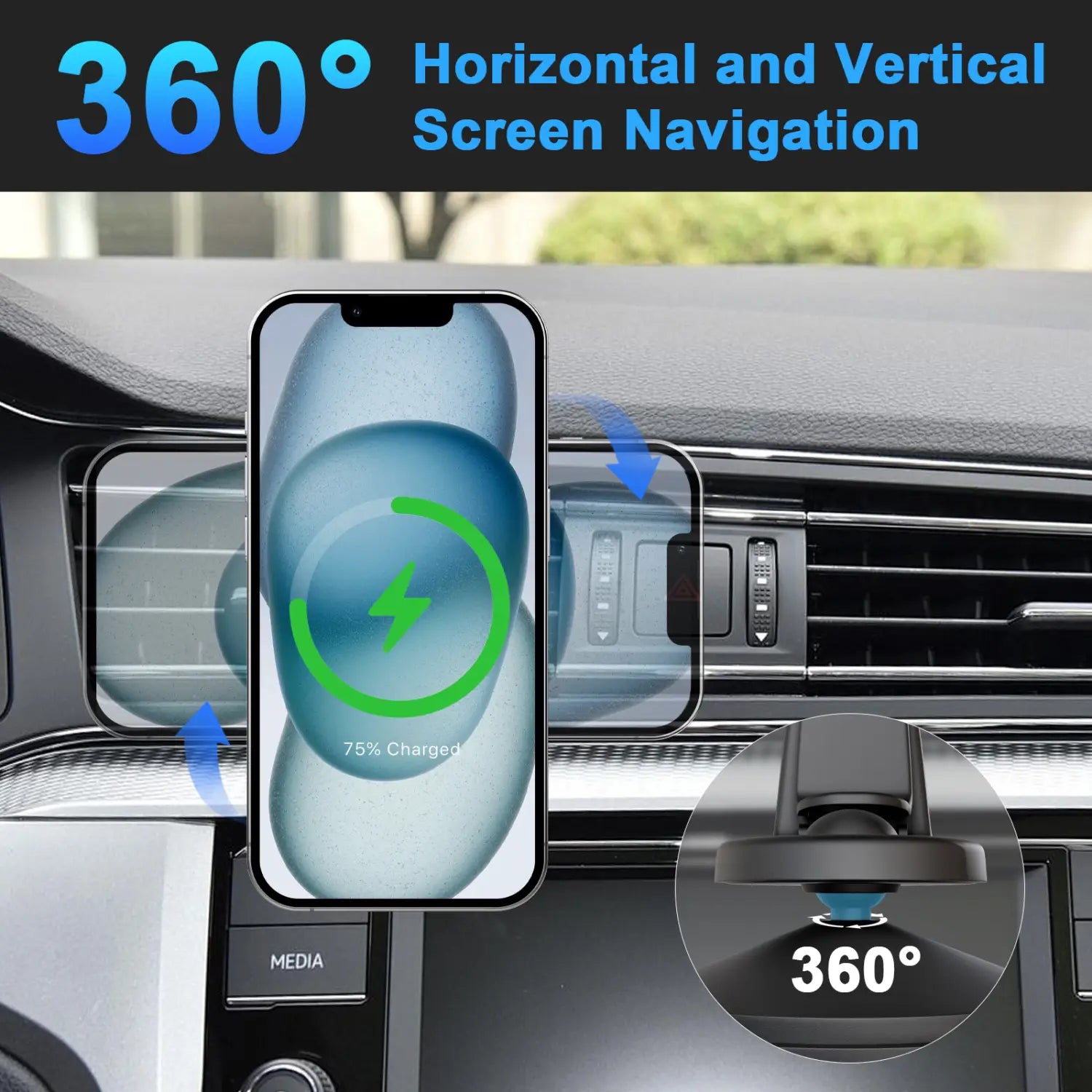 black magnetic wireless car charger 15w phone mount with 360-degree horizontal and vertical screen navigation for iphone designed for fast charging and car wireless use