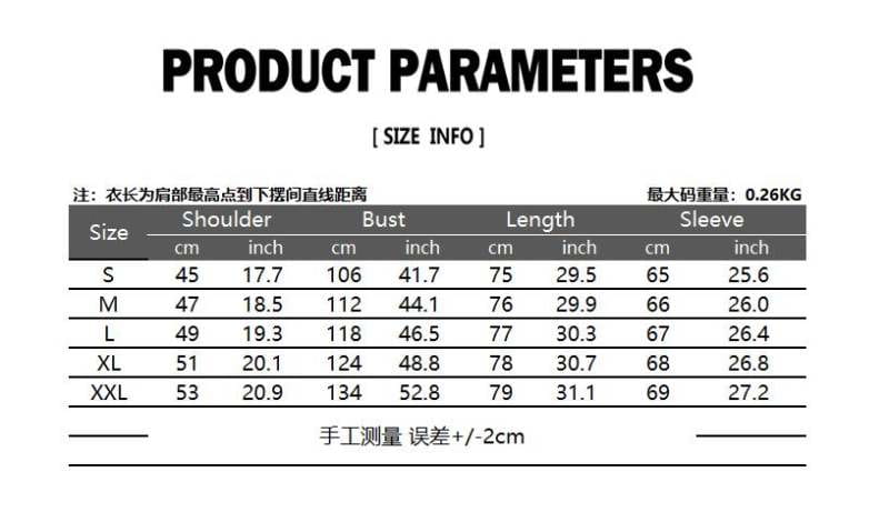 tabla de parámetros del producto que muestra medidas de talla en centímetros y pulgadas para la camisa gótica de hombre con cuello alzado cruzado doble, que incluye hombro, pecho, largo y dimensiones de las mangas en tallas de S a XXL