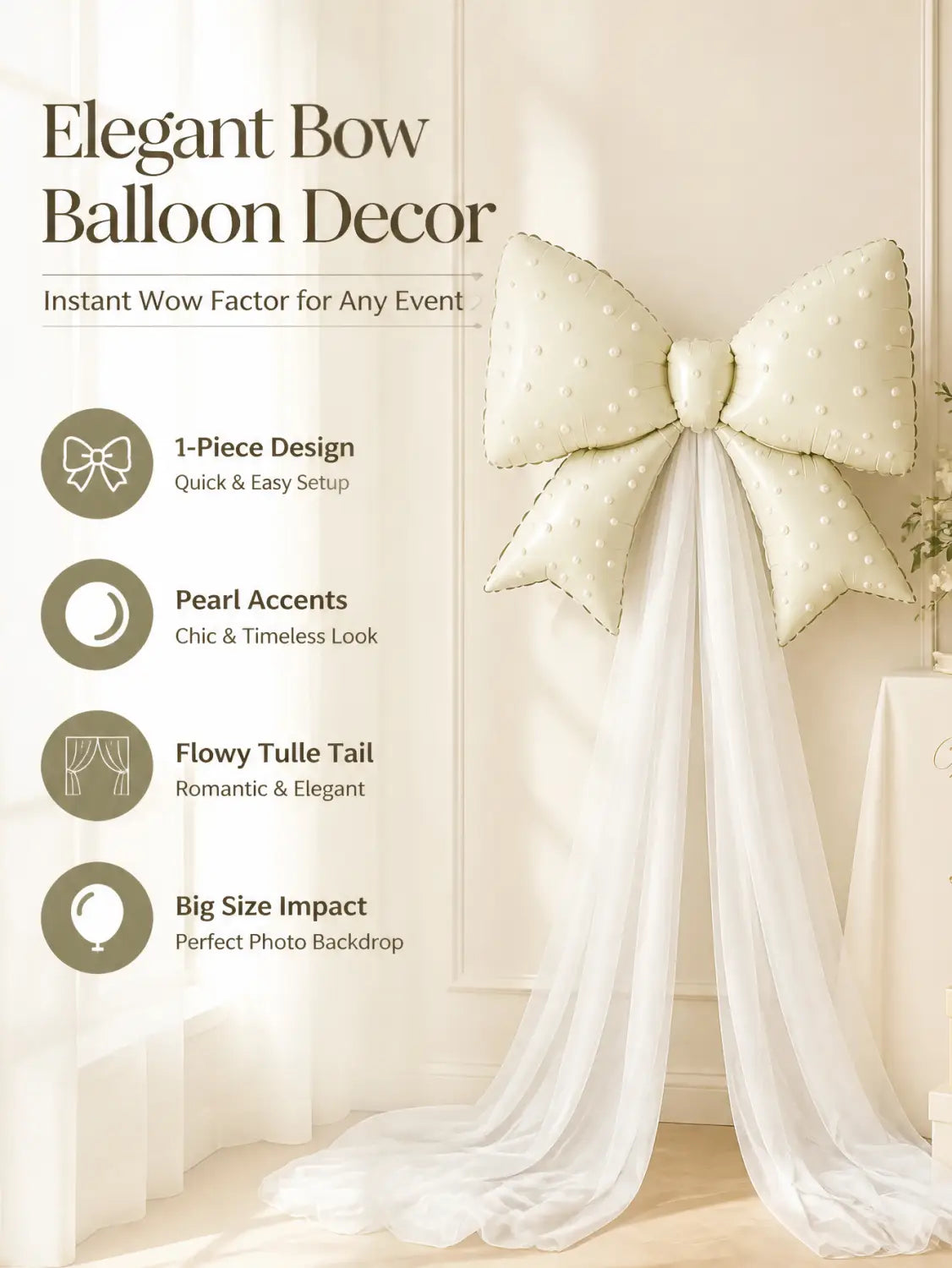 Ensemble de nœud décoratif pour ballon de mariage de couleur crème et décoration en tulle, avec accents de perles et une queue de tulle aérienne.