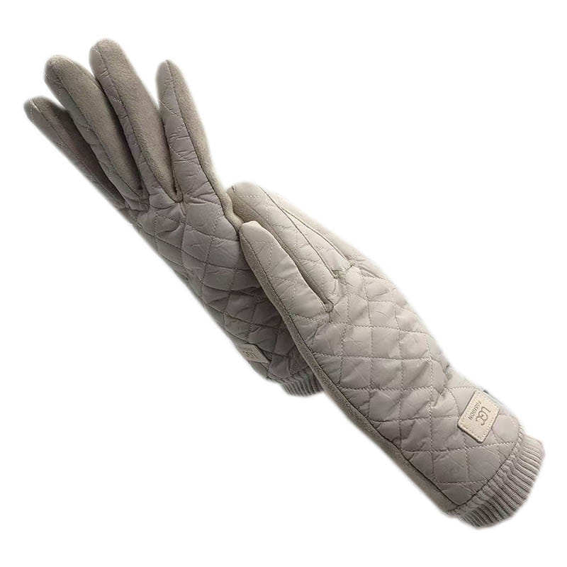 Gants d’hiver pour femmes en écran tactile thermiques matelassés beige, avec texture rembourrée douce et poignets côtelés.