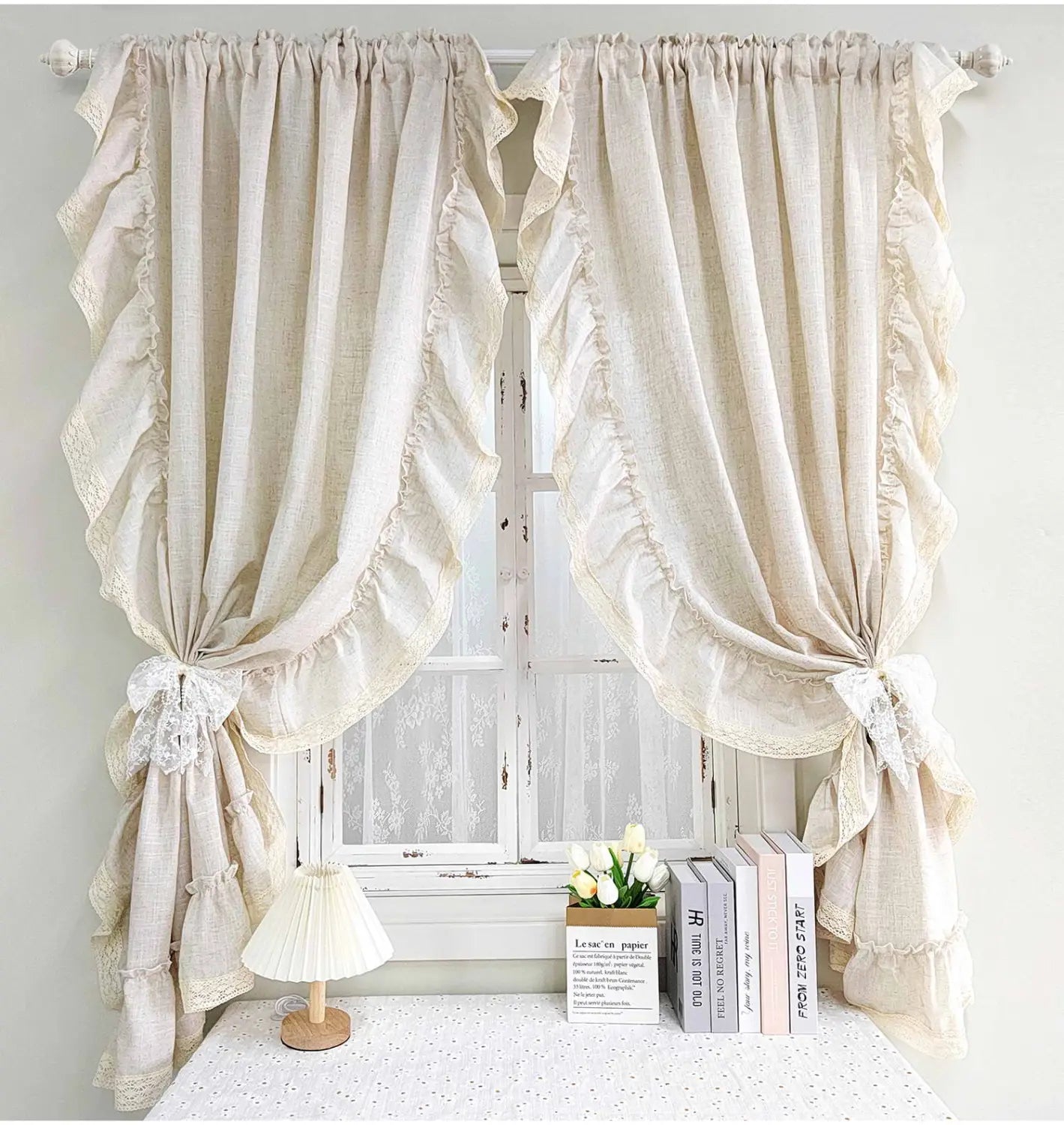 Beige ruffled linen curtain with lace trim and gathered fabric tied at the bottom designed for living room use with accept customization option and tracking number available.