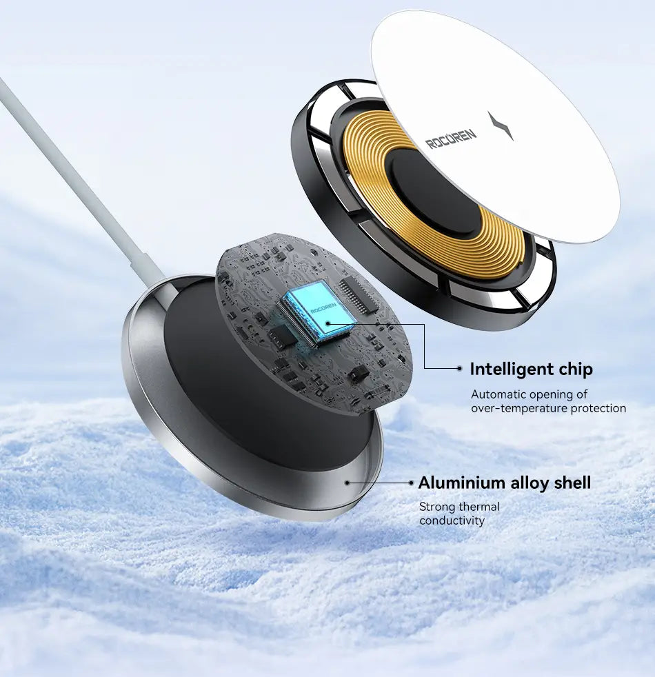 Cargador inalámbrico Rocoren con carcasa elegante de aleación de aluminio y bobinas internas recubiertas en oro, diseñado como almohadilla magnética de carga rápida de 15 W para iPhone.