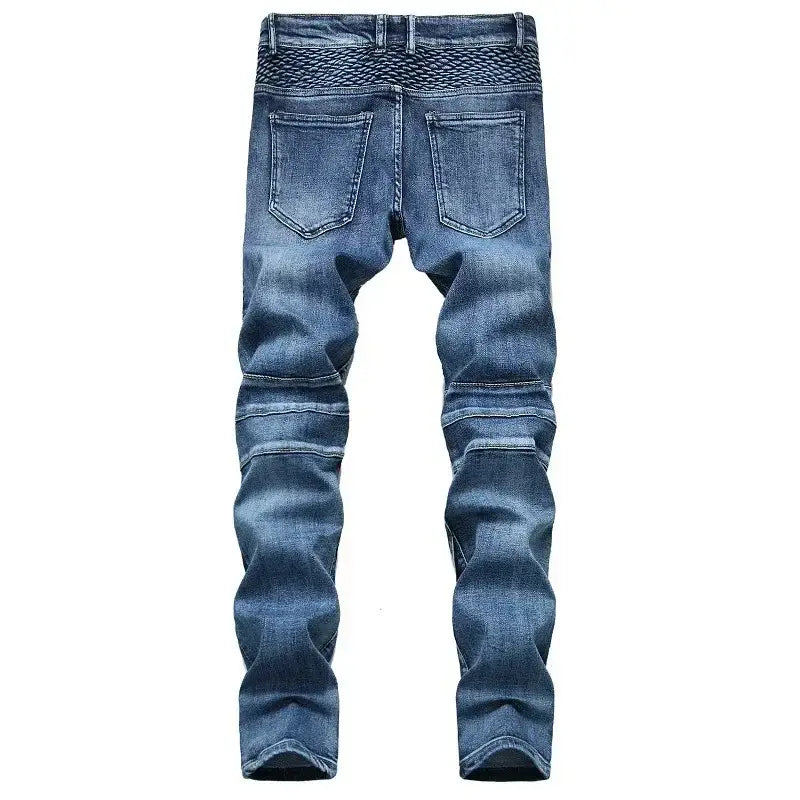 Jeans de moto pour hommes, coupe slim délavée, en denim bleu, avec un motif tissé texturé le long de la ceinture et des coutures renforcées au niveau des genoux.