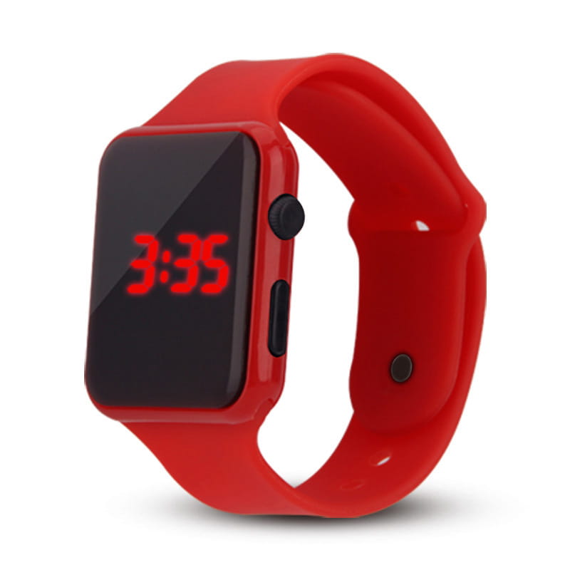 Reloj deportivo digital rojo para hombres y mujeres con correa de silicona elegante y brillante, esfera negra rectangular que muestra números LED rojos para un uso casual