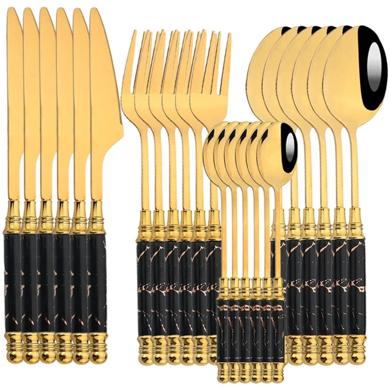 24Pcs Cutlery Set Stainless Steel Dinnerware Kitchen Fork Knife Tea Spoon Tableware Set Flatware Set Gold Silverware Set