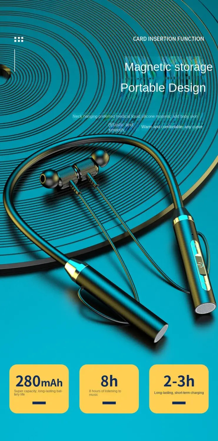 Blaue und schwarze kabellose Bluetooth-Halsband-Ohrhörer mit Mikrofon mit schlankem metallischem Finish und magnetischem Design.