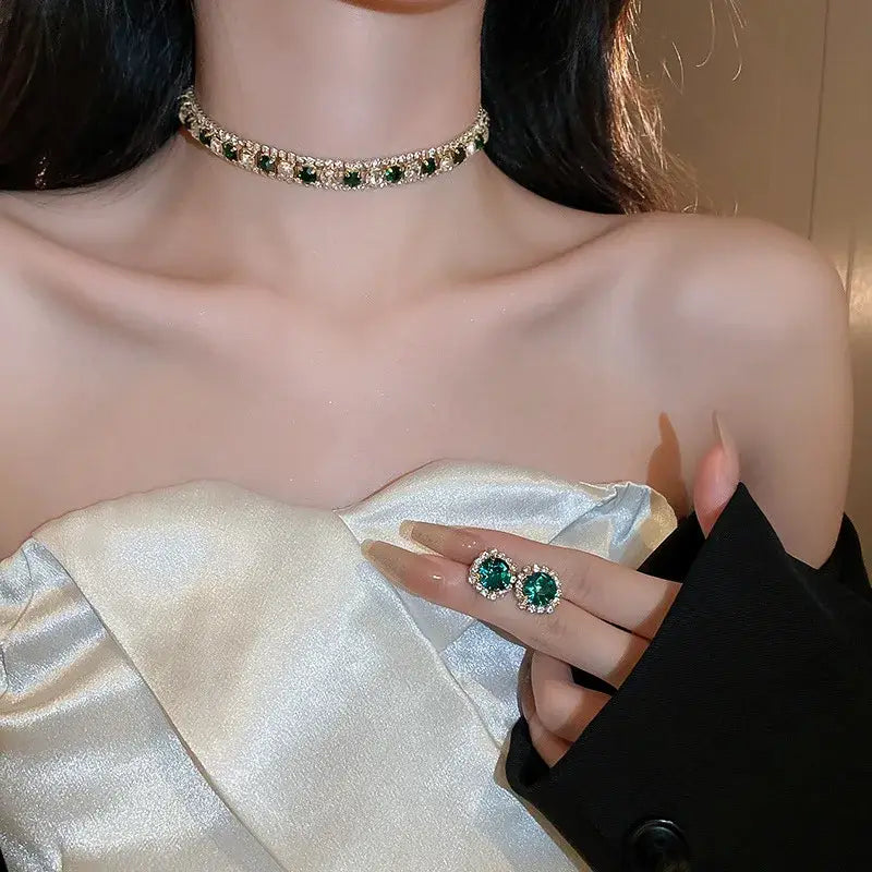 Emerald green gemstone choker necklace with sparkling rhinestone accents featured in a crystal necklace and earring set for pink ab wedding jewelry.