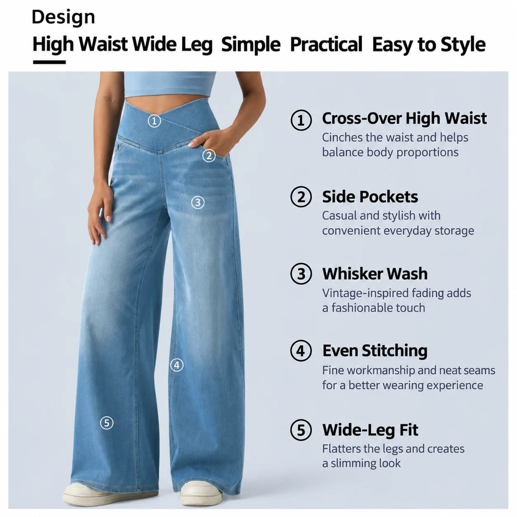 Fashion Women Cross V High Waist Washed Denim Wide Leg Pants Elastic Soft Jeans Casual Daily Loose Full Length Stretch Trousers