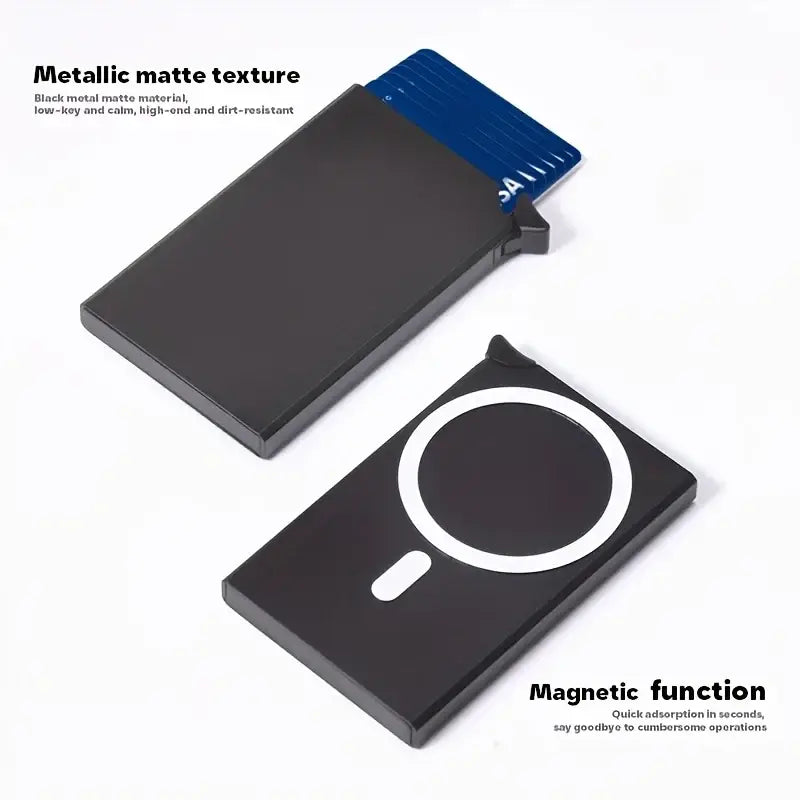 Black metallic matte personalized magnetic rfid blocking phone card wallet with circular white accent