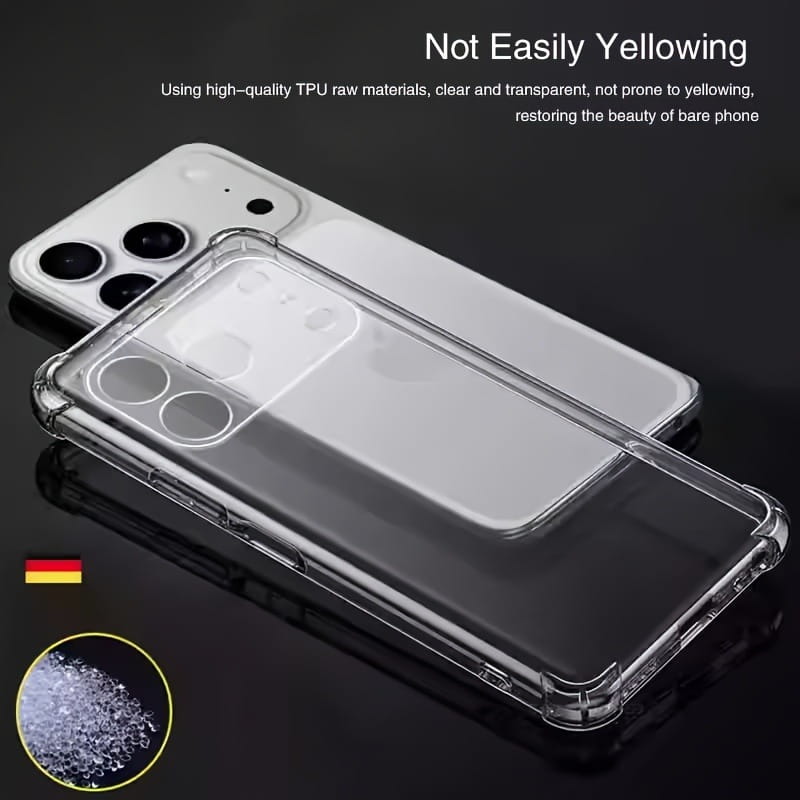 Rückseite einer iPhone 17 Pro Max Ultra Thin klaren TPU-Handyhülle mit verstärkten Ecken und präzisen Aussparungen für das Kameramodul.