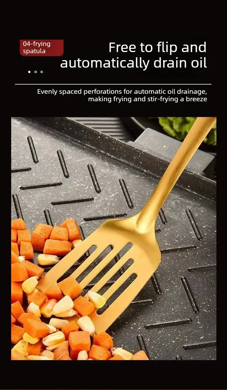 Gold-colored stainless steel slotted spatula for flipping food and draining oil from the gold kitchen utensil set stainless steel cooking tools.