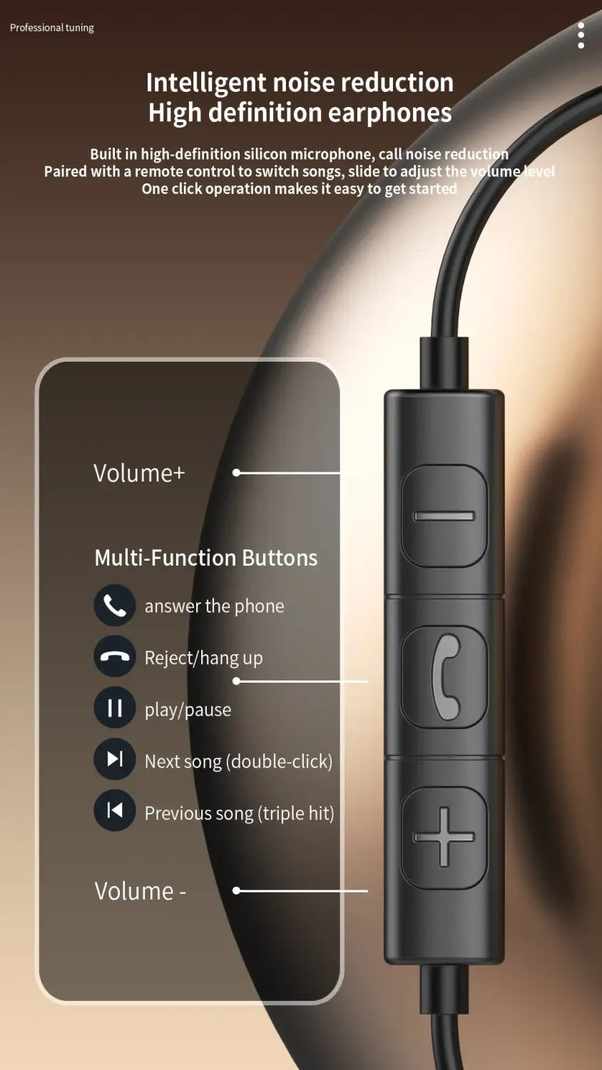 Black usb c wired in ear gaming headphones with mic featuring wired earphones and a sleek rectangular remote control with volume and multi-function buttons for call management.