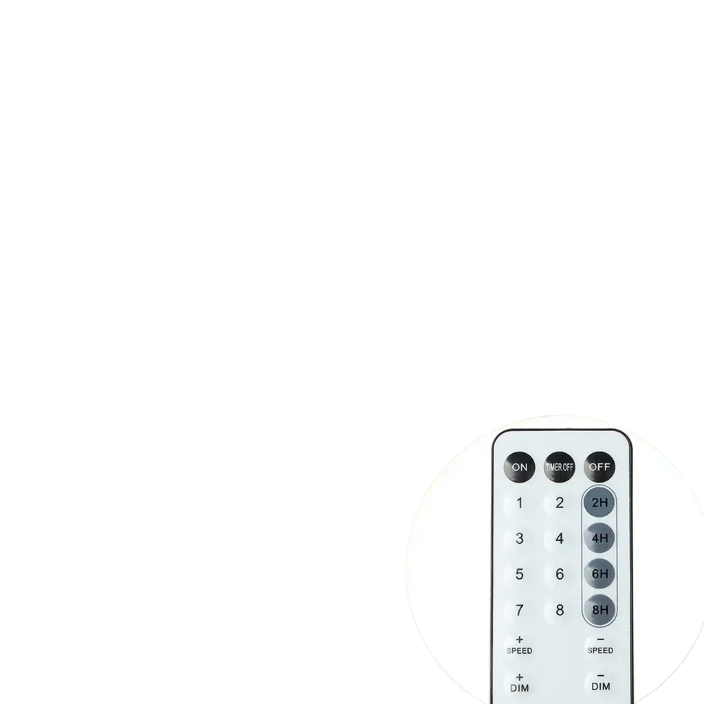 Led fairy string lights in warm white with remote control for timer and brightness adjustment shown from front angle