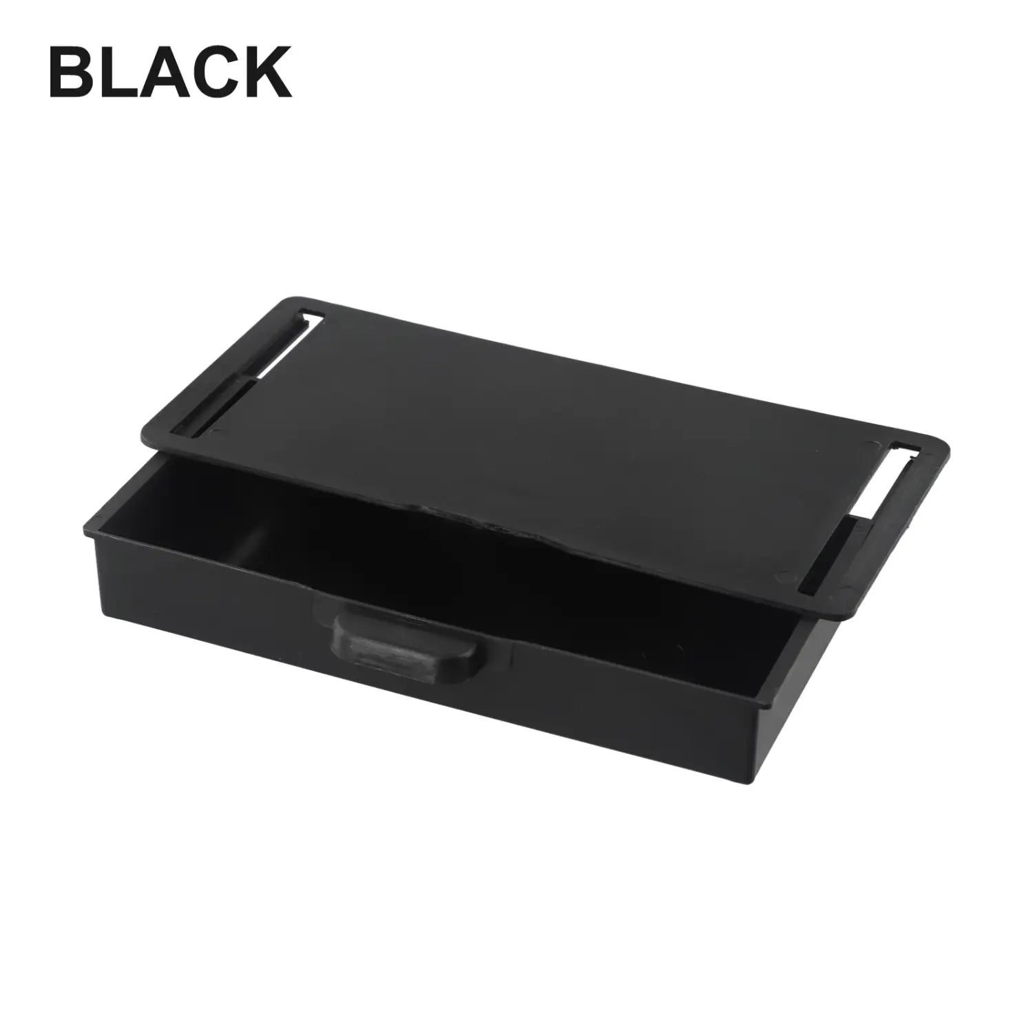 Boîte de rangement en plastique noir avec couvercle à charnière et poignée intégrée, conçue comme un organisateur de tiroir sous bureau fabriqué en matériau ABS.