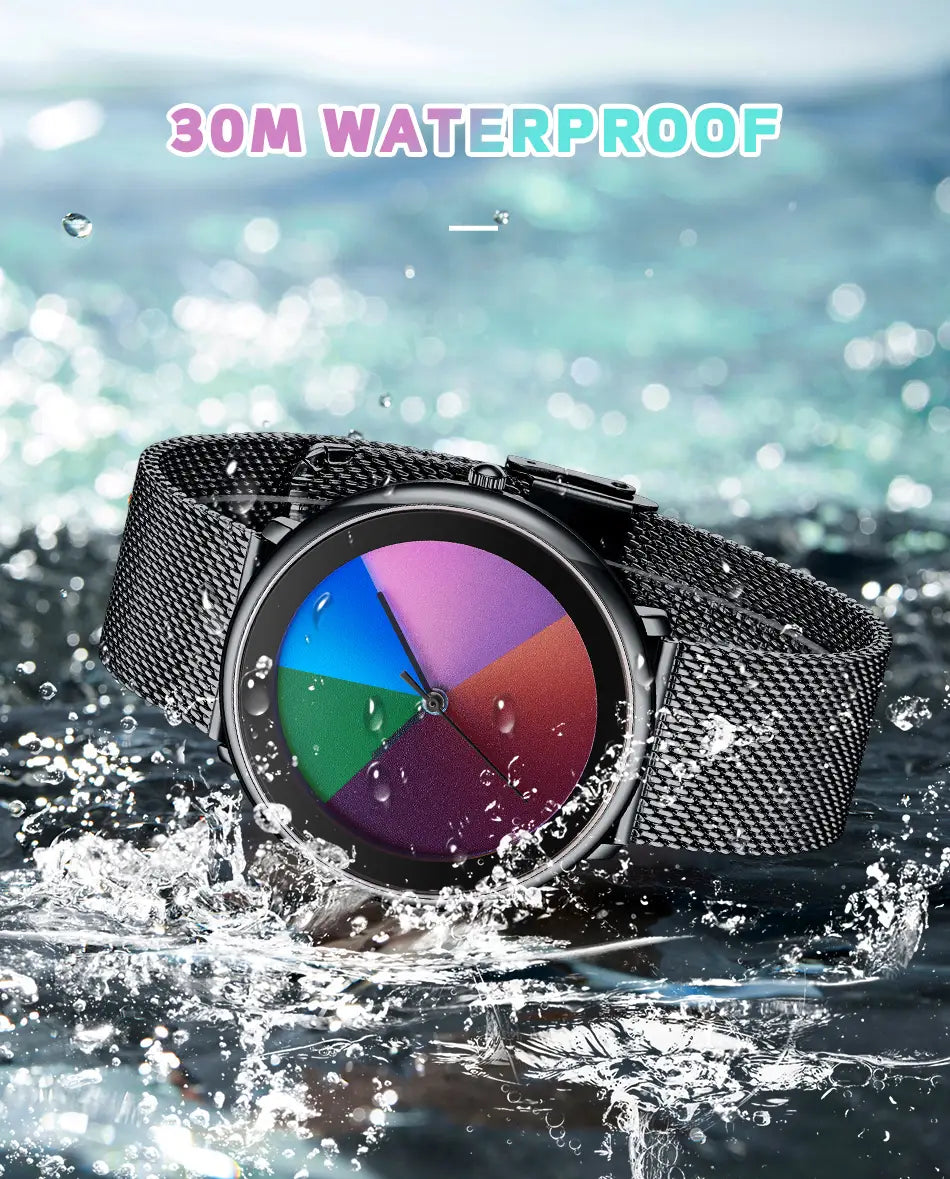 Lige women rainbow dial quartz watch features a black mesh band with a colorful segmented dial and 30m waterproof rating.