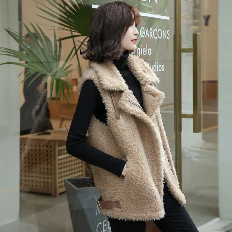 Women Vest Jacket Autumn Winter Lamb Wool Gilet Korean Fashion Sleeveless Waistcoat Solid Thick Warm Zipper Coat Chaleco Mujer