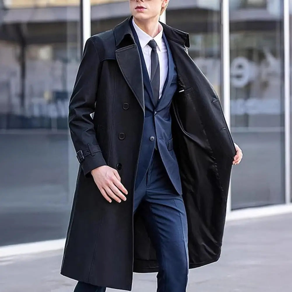 Black men windbreaker casual trench coat with classic double-breasted design, belted waist, long sleeve length, and full clothes length.