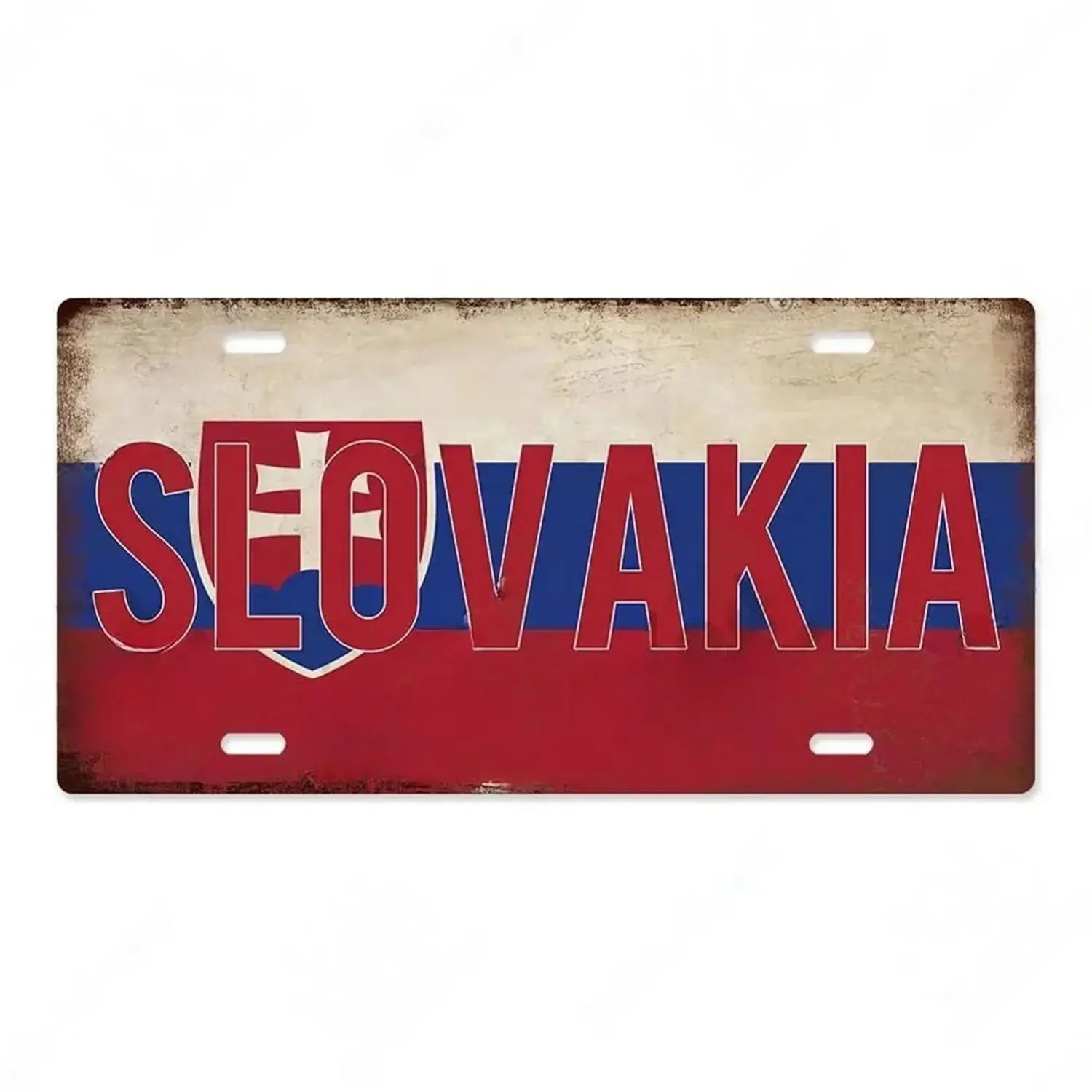 Vintage-style india flag metal license plate with distressed metallic finish and bold red lettering over blue and white stripes for wall decor.