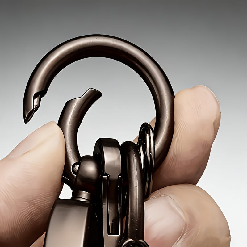 Black metal keychain with a sturdy hook and multiple rings designed as a custom engraved leather keychain personalized gift.