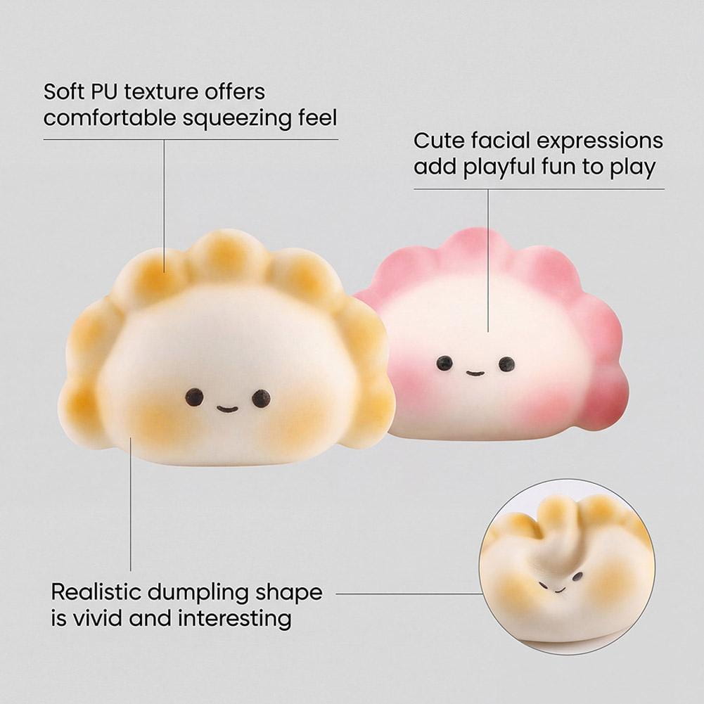 adorables squishies con forma de dimsum en tonos pastel de amarillo y rosa para aliviar el estrés, con textura suave, bordes plisados realistas y expresiones faciales encantadoras, diseñados para juguetear y aliviar el estrés.