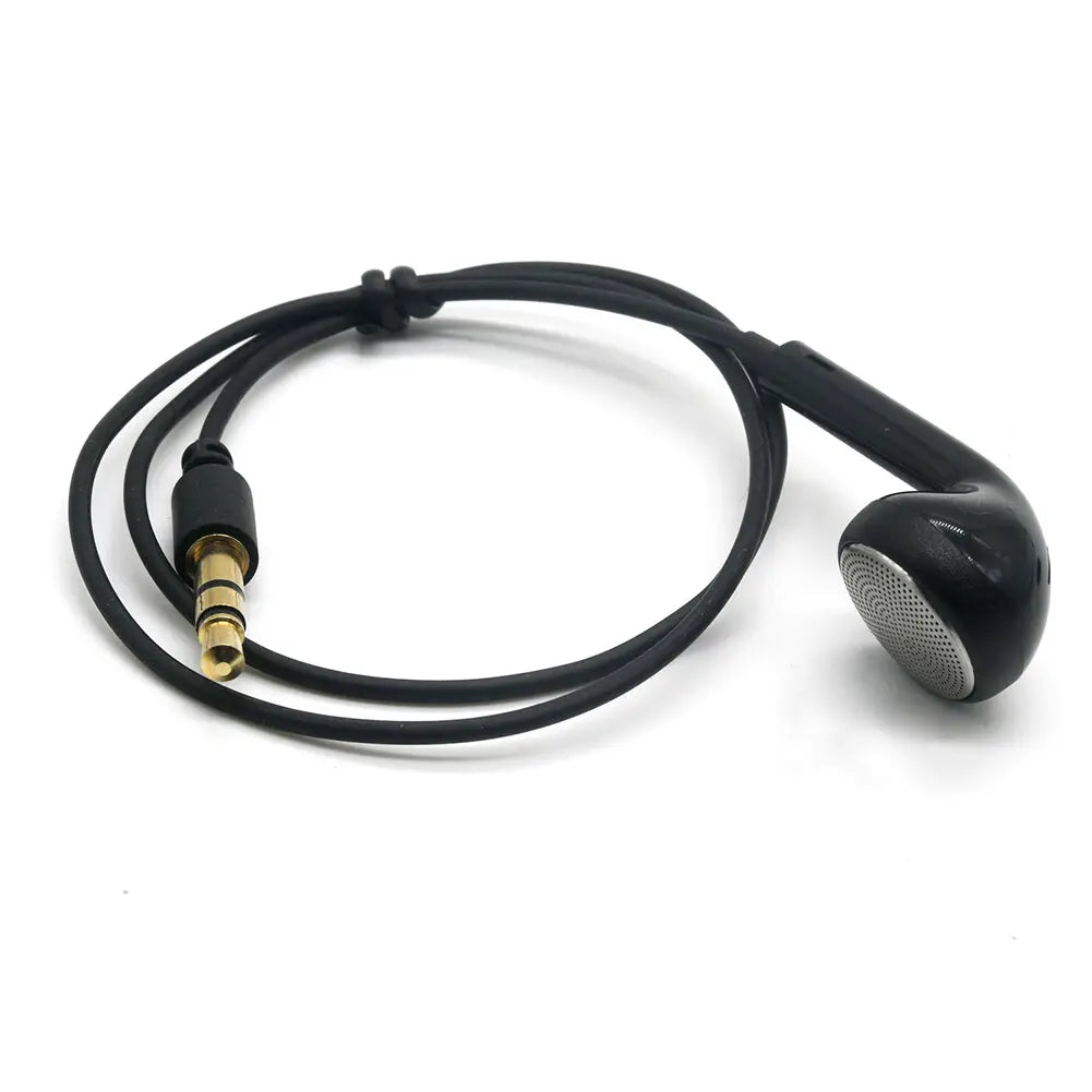 Black walkie talkie single sided mono earphone with a sleek curved in-ear design and gold-plated 3.5mm audio jack for comfortable ear placement.