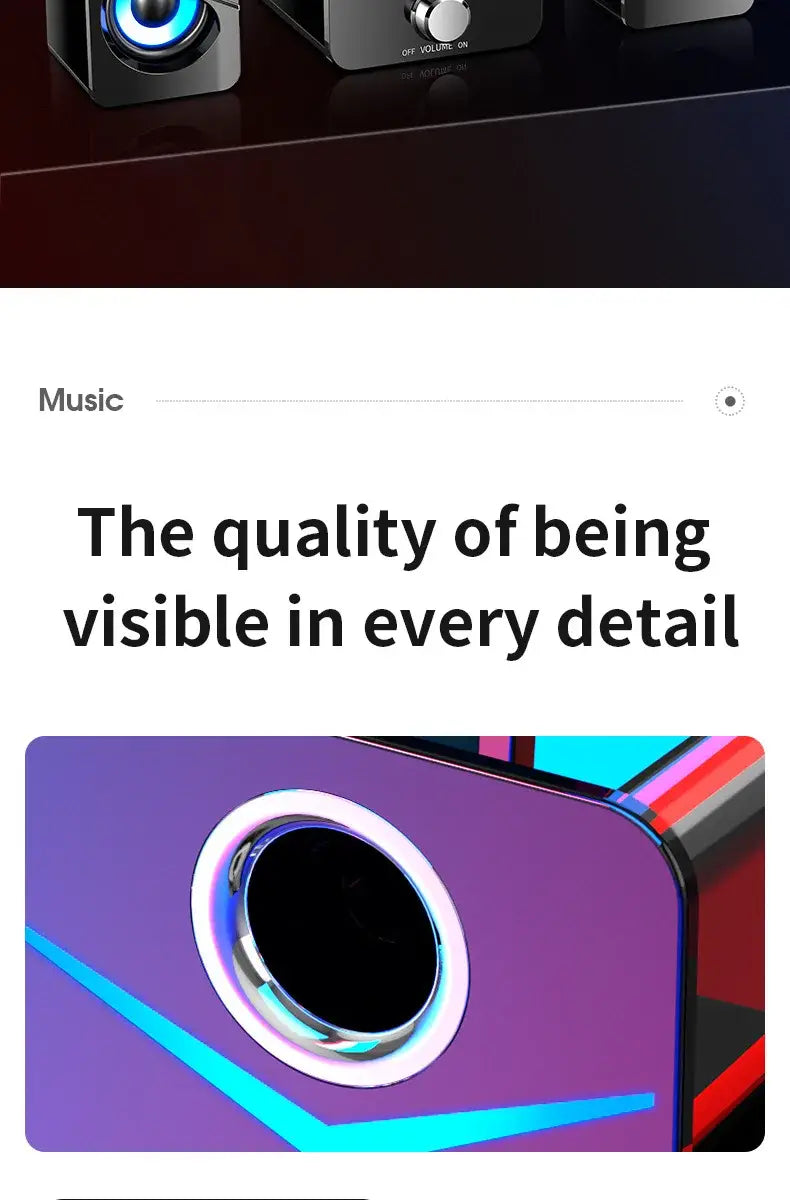 Système d’enceinte de jeu Bluetooth violet et noir avec accent circulaire à LED bleue lumineuse autour du haut-parleur et du caisson de basses.