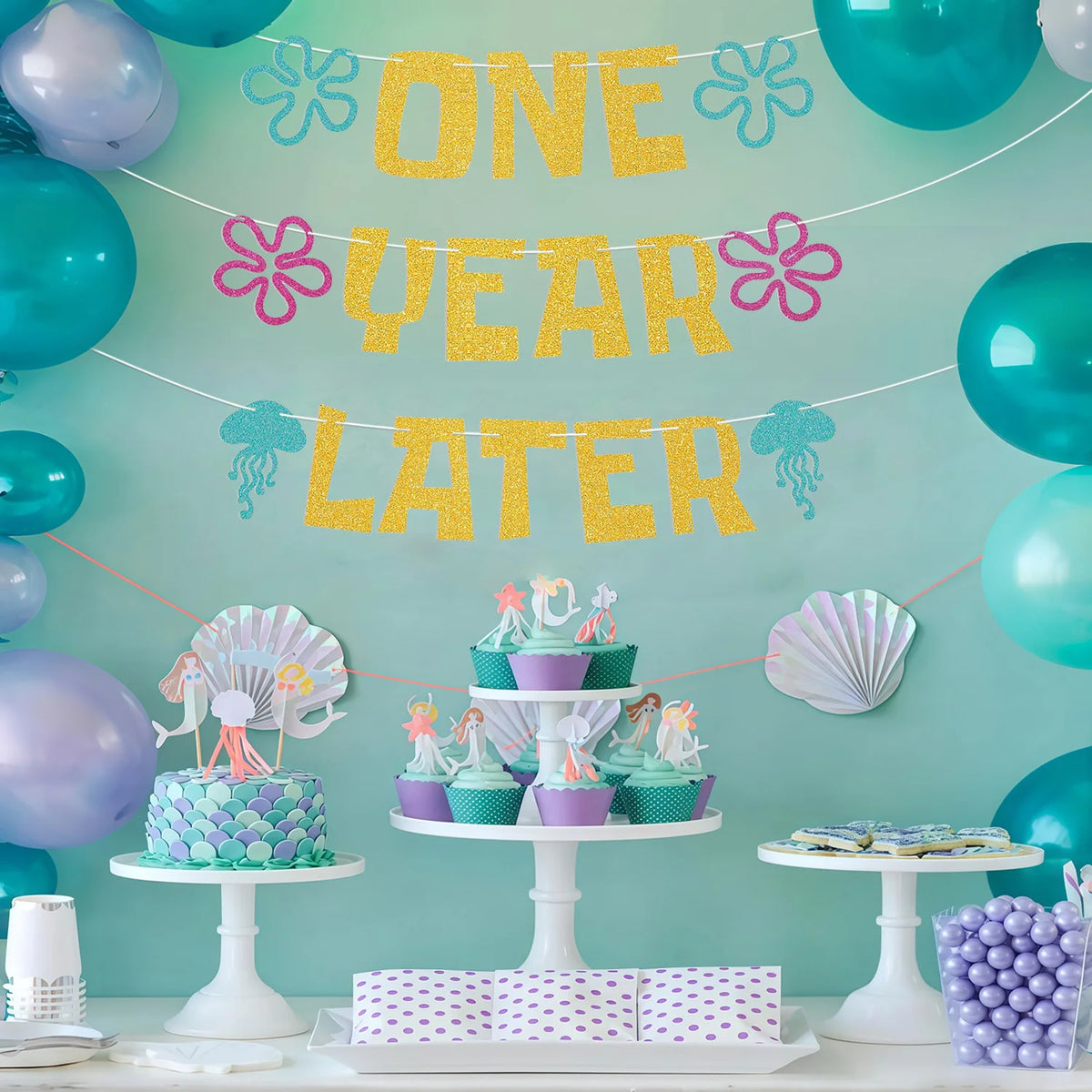 One Year Later Banner - Sea Animals First Birthday Decor, Yellow Undersea Theme Cartoon 1st Birthday Decorations Gold