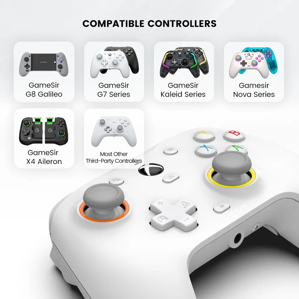 White Gamesir G7 magnetic faceplate and accessories kit controller featuring gray analog sticks with colorful accent rings around the thumbsticks.
