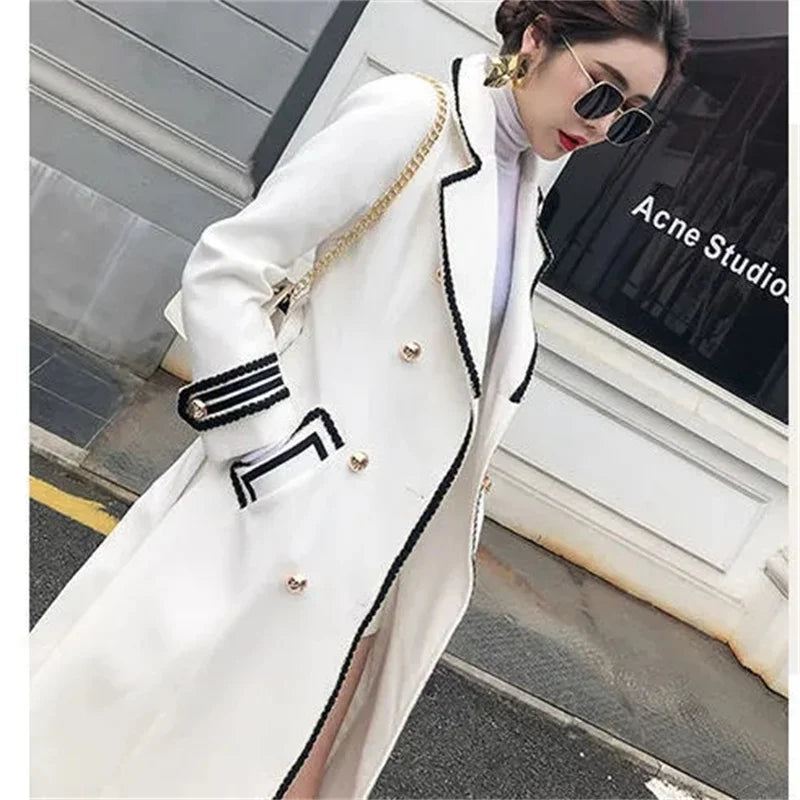 White Over the Knee Wool Coat Women's Mid-Length 2023 Autumn/Winter Hepburn Style Thickened Slim Black Double-Breasted Coat Z555