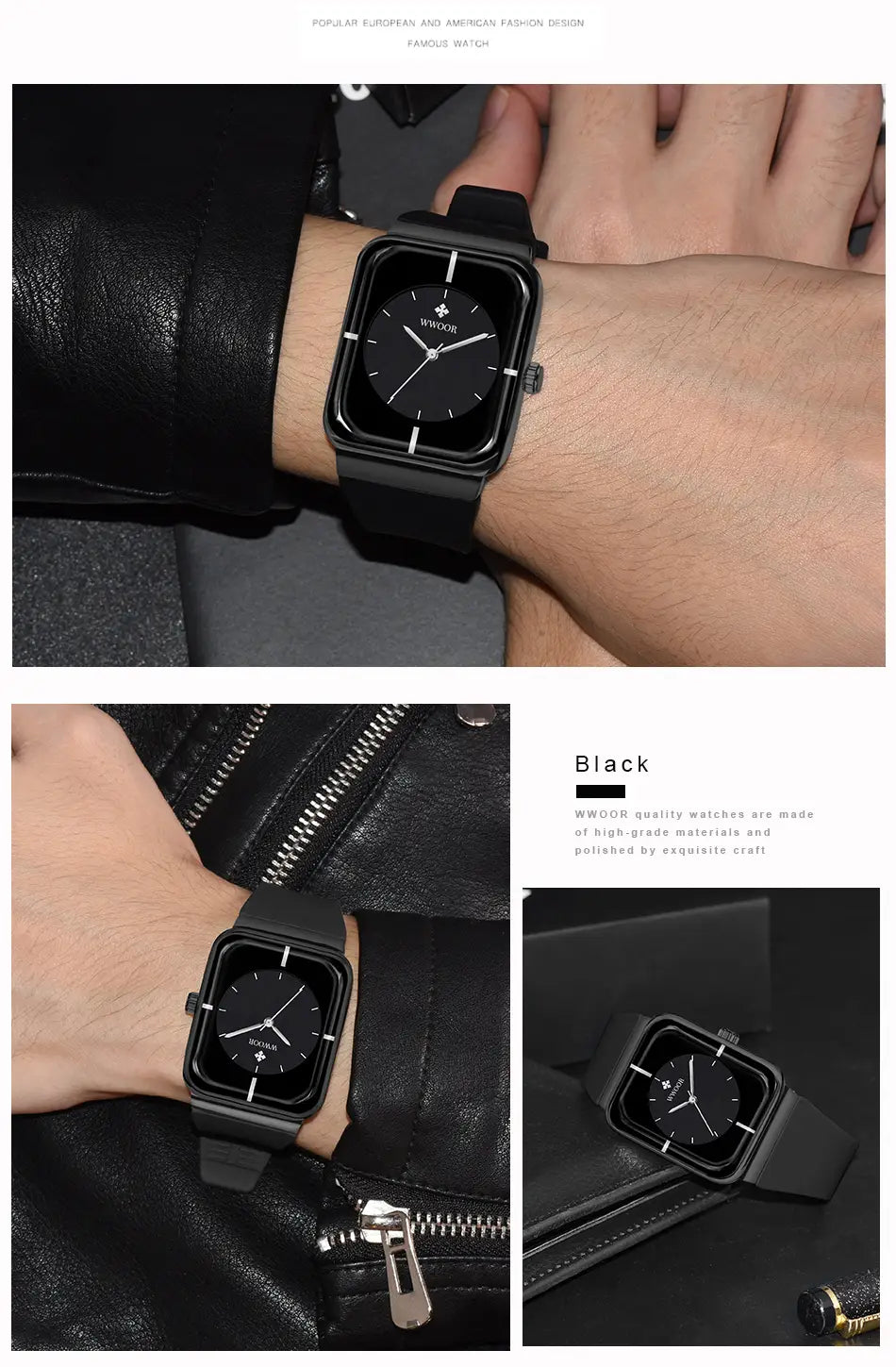 Wwoor gold rectangle quartz watch features a black rectangular face with a sleek minimalist design and a matching black strap.