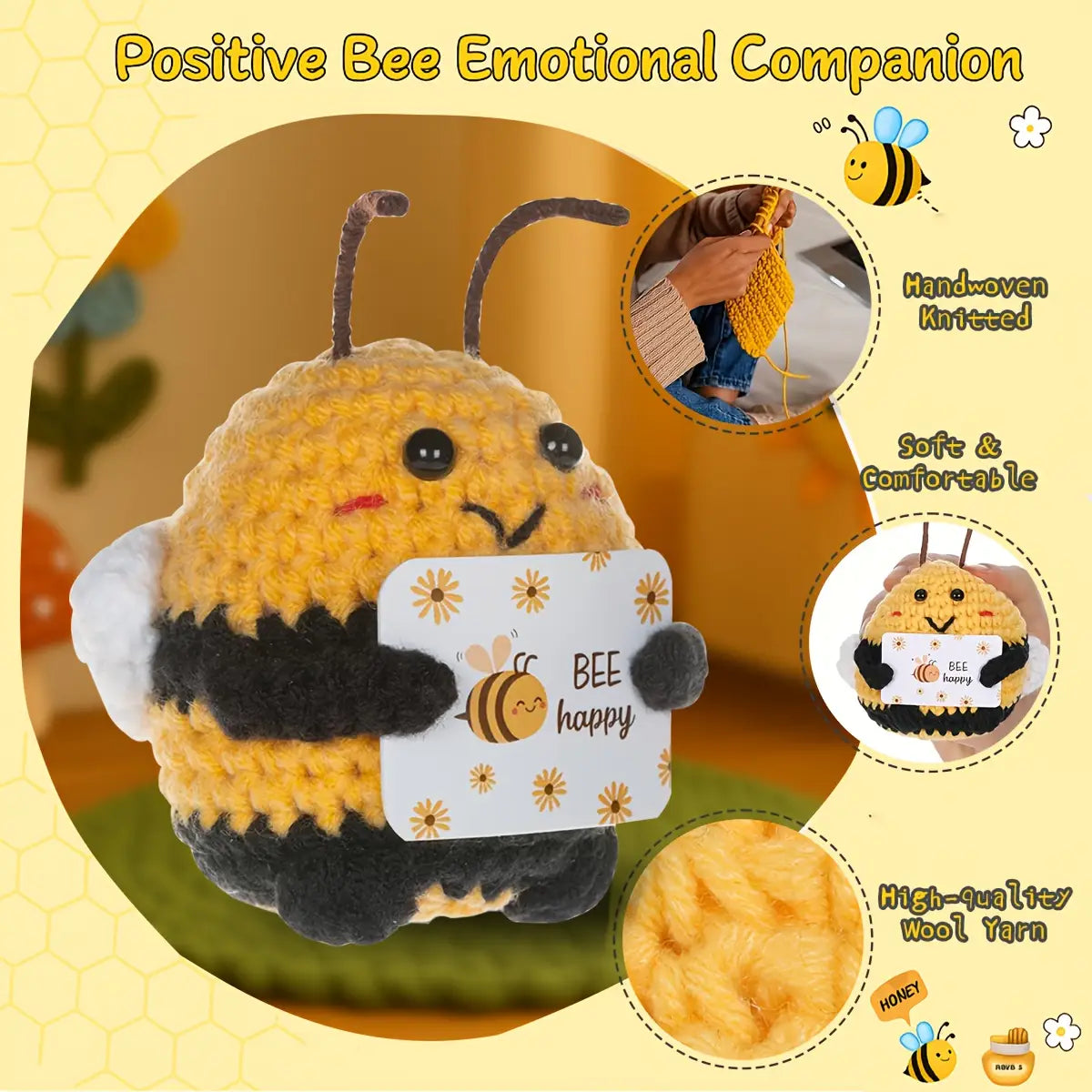Un peluche de abeja de punto tejido a mano color amarillo y negro que sostiene un letrero de abeja feliz, como llavero y accesorio para bolso de abeja positiva tejido a ganchillo.