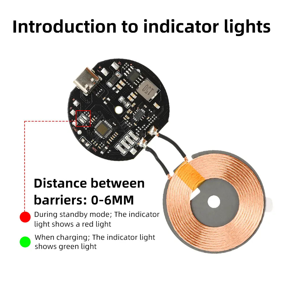 Circular wireless charging module 20w car pcba featuring a copper wire coil and black circuit board with automatic recognition capability.