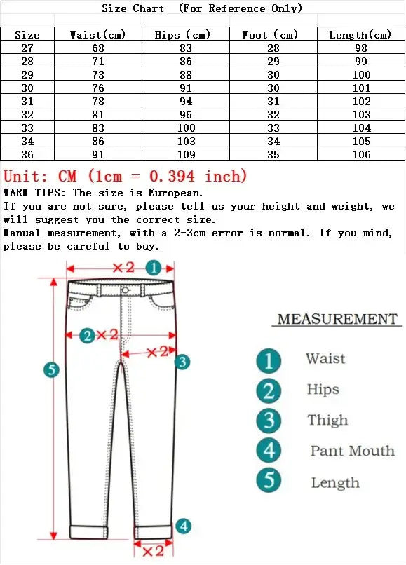Tableau des tailles européen pour les jeans slim en denim extensible vintage pour hommes, lavage gris, indiquant les mesures de la taille, des hanches, de la cuisse, de l’ouverture de jambe et de la longueur en centimètres.