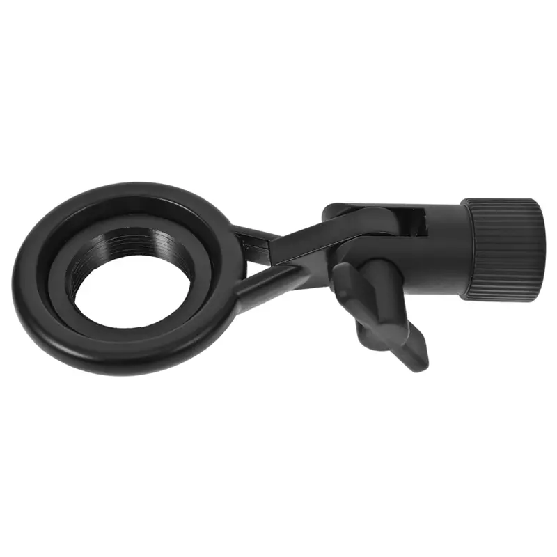 Black plastic microphone clip with circular ring and adjustable knob for metal microphone stand clip adjustable mount