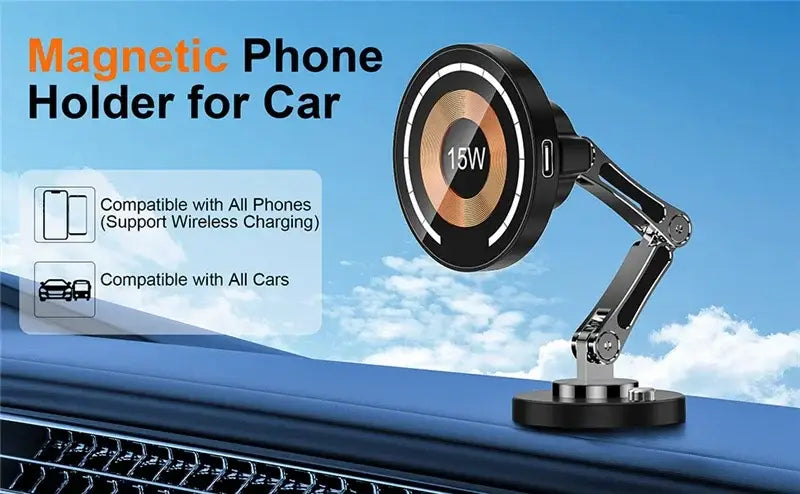 Cargador inalámbrico para coche magnético negro de 15 W con brazo ajustable para iPhone 15 14 13 12