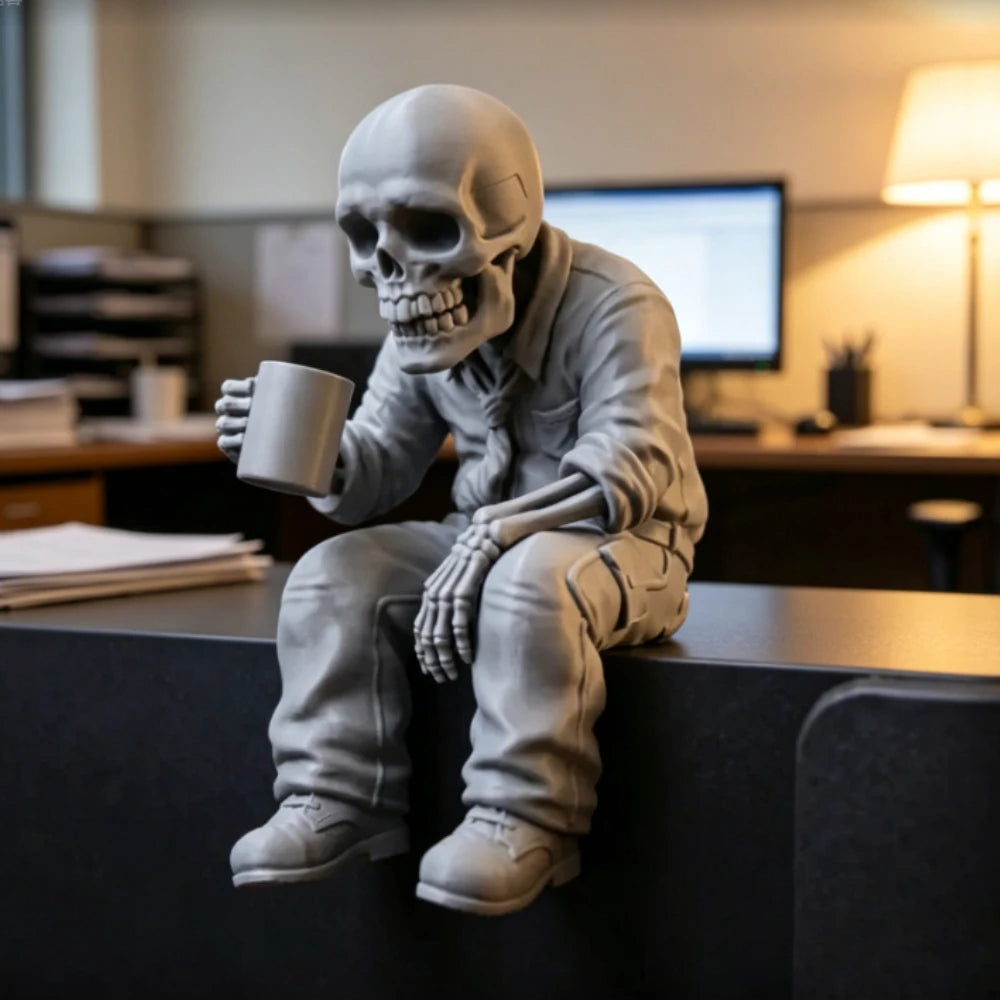 Gothic Eerie Office Worker Skeleton Miniature Figurine Seated Coffee Drinking Skull Desk Ornaments Humor Home Office Decor Gifts